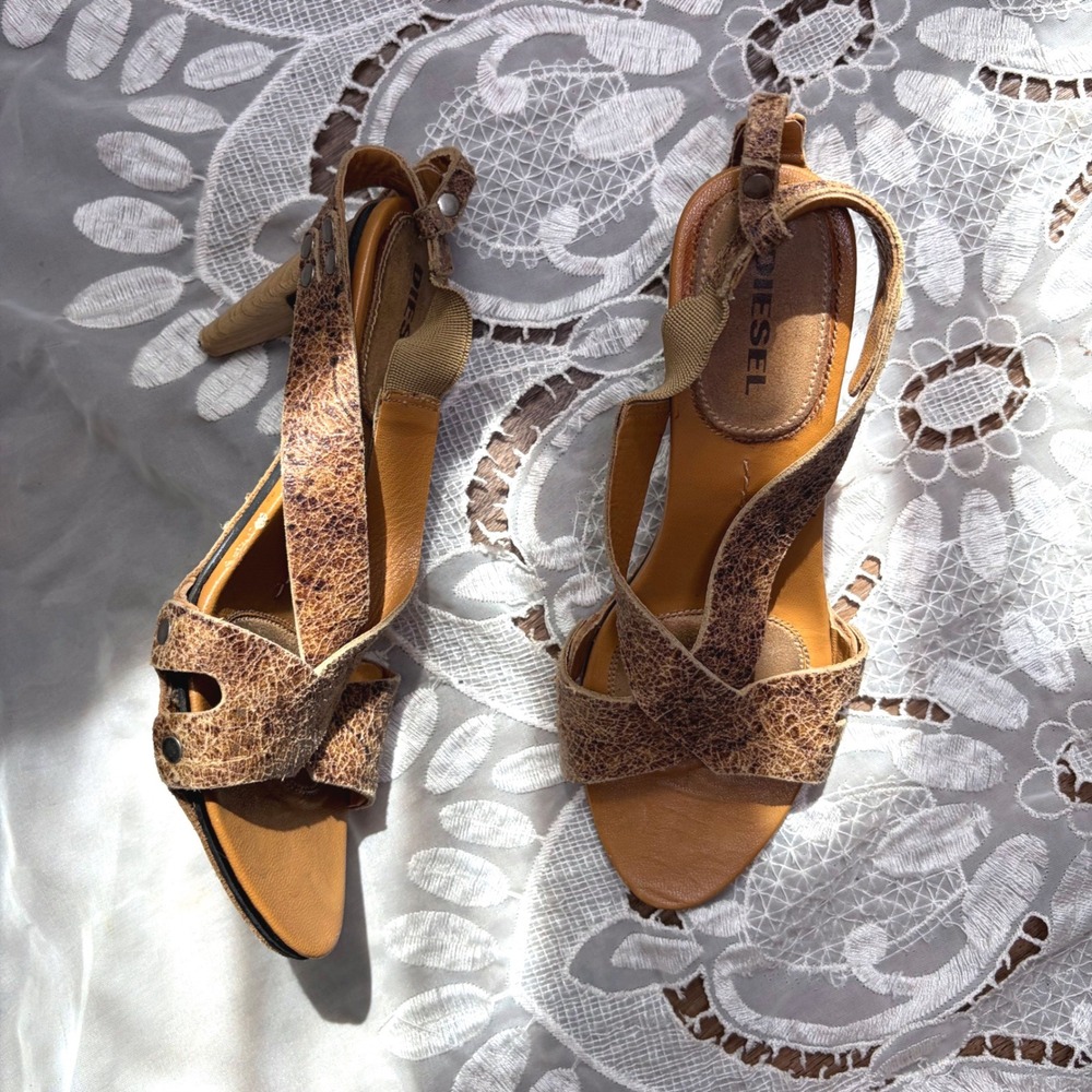 Y2K Diesel Leilani Leather Distressed Strappy Heels Tan Brown US 5.5 EUR 35.5